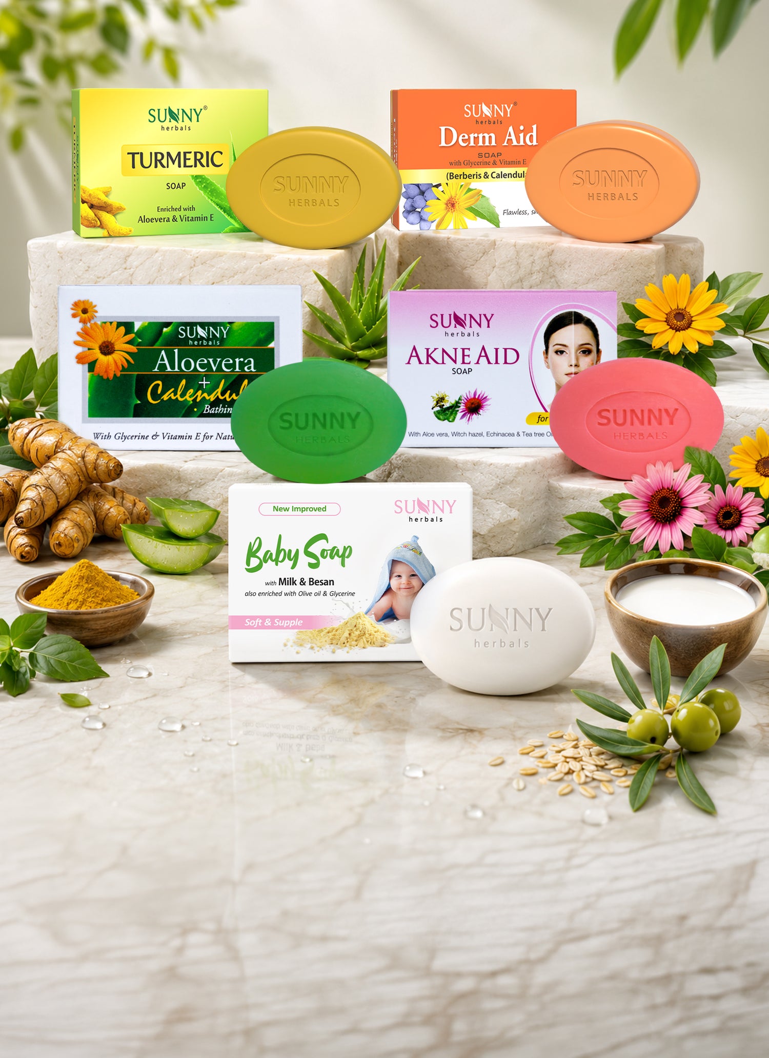 Assorted Sunny brand soaps on a white surface with natural elements.
